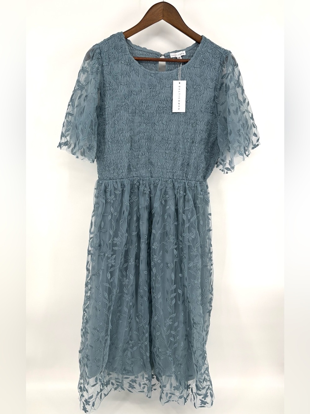 Baltic Born Kendra Embroidered Midi Dress Dusty Blue 1XL NWT Smocked Wedding